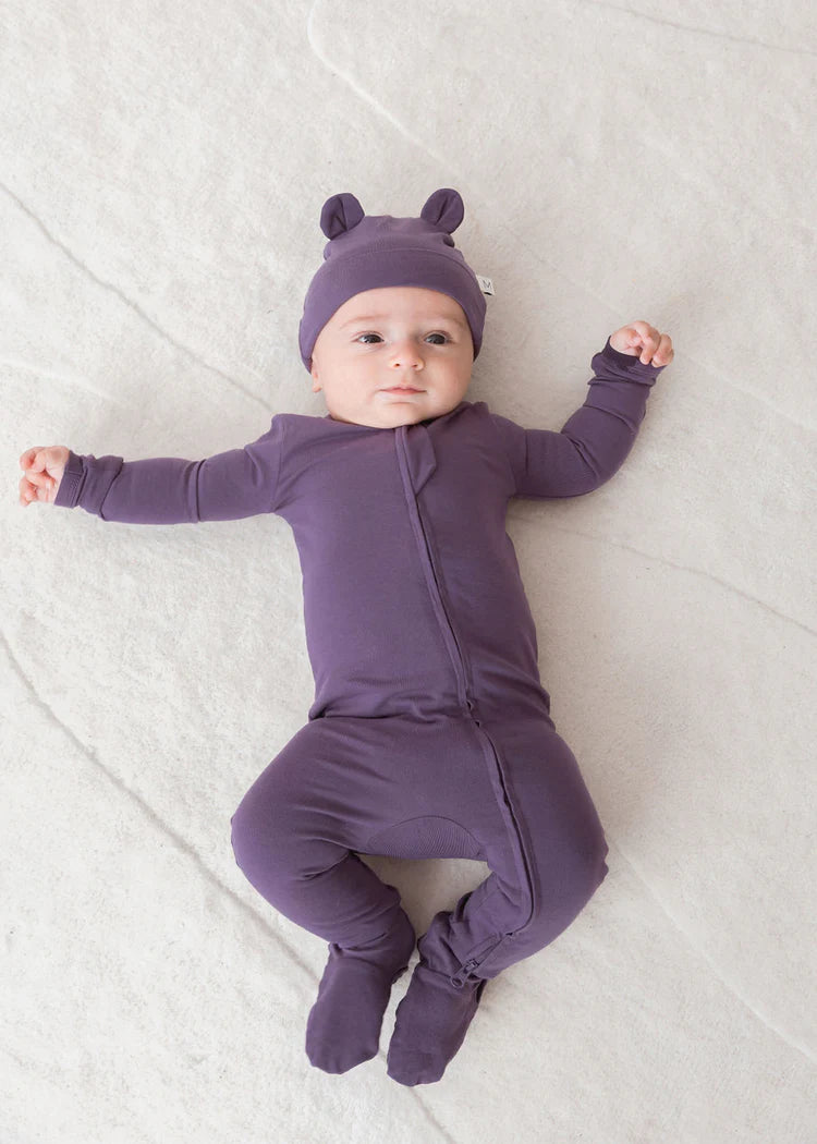 Infant and toddler zip-up footie in elderberry purple – The Jojo by Olive Sprout Kids