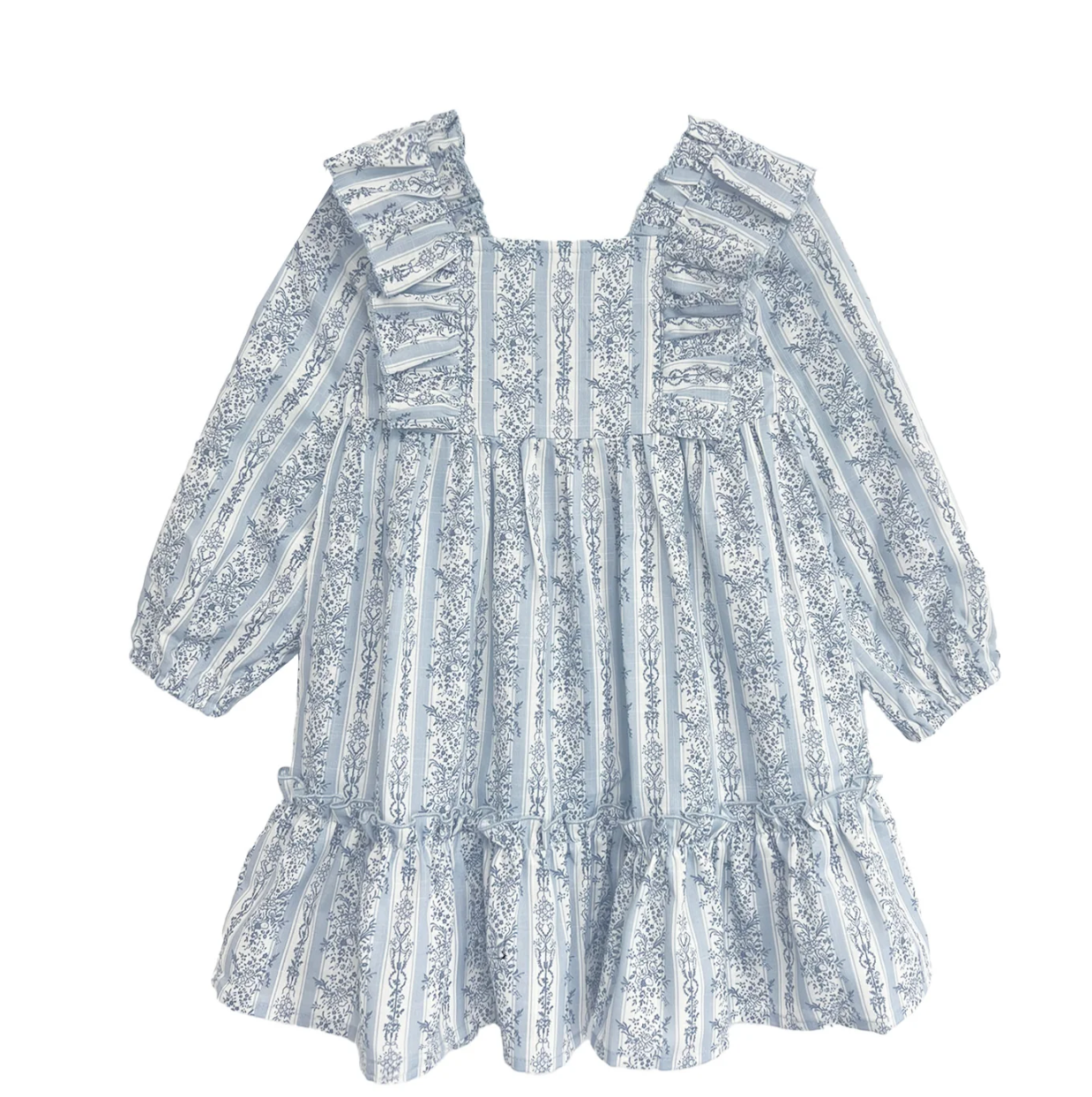 Baby girl blue dress styled as big sister to romper