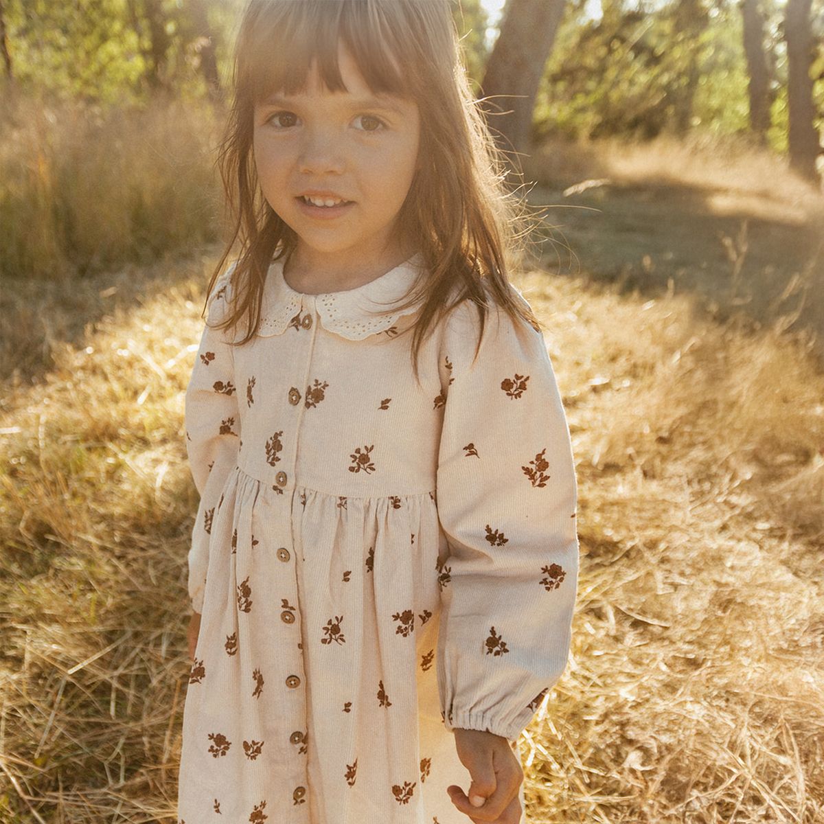 Organic Corduroy Button Dress Brown Floral