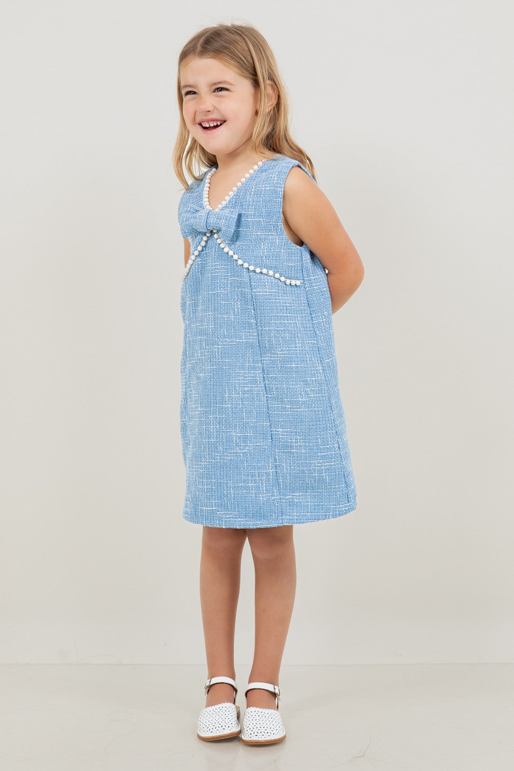 Girl’s Pearl Bow Tweed Dress – Sky Blue | Olive Sprout Kids
