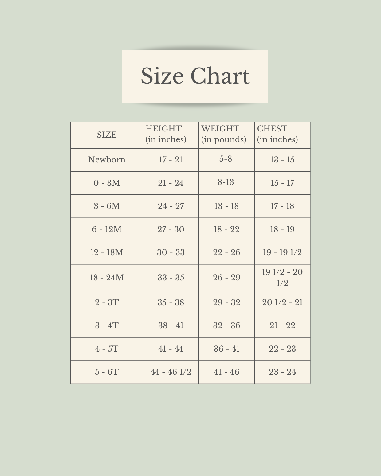 Size chart for children's clothing on a light green background