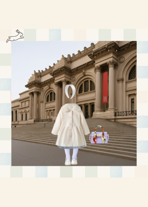 Toddler girl in blue Christina Dress styled with oversized white coat”