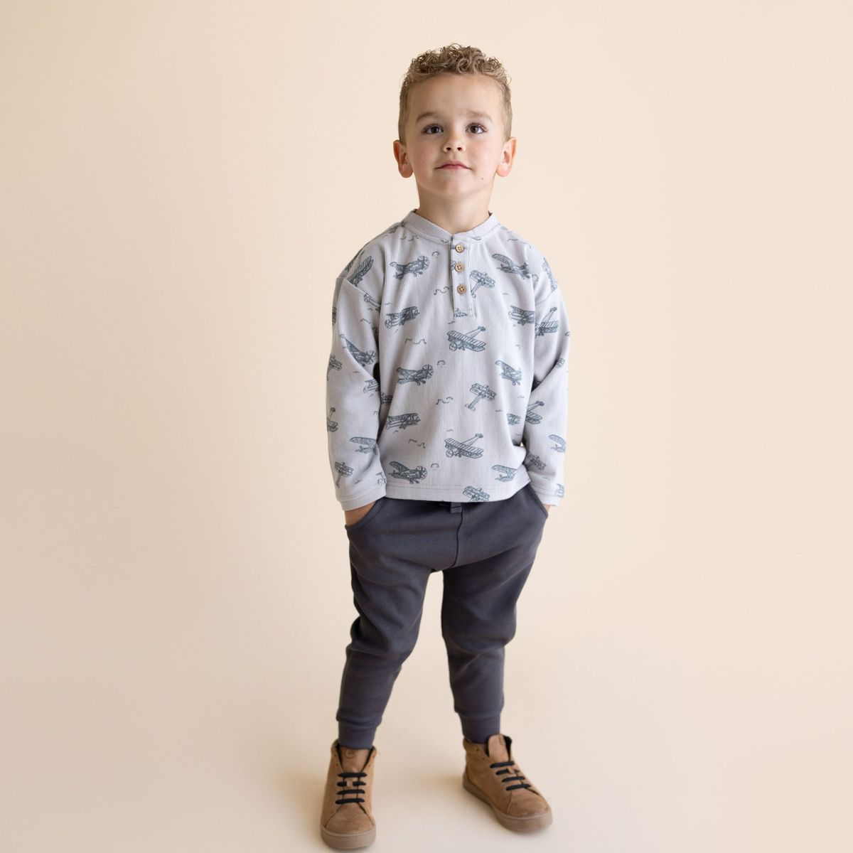 Organic Henley Tee - Airplane Print for toddler boys blue