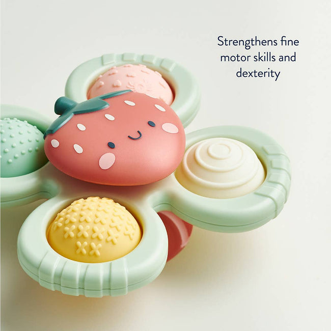 Itzy Ritzy Itzy Pop and Whirl strawberry sensory fidget toy with suction base and four textured silicone poppers for babies 6 months and up