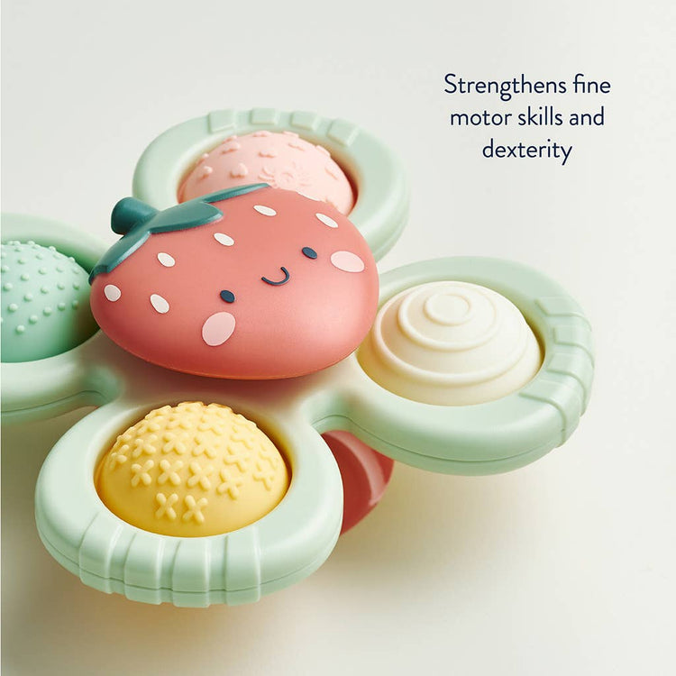 Itzy Ritzy Itzy Pop and Whirl strawberry sensory fidget toy with suction base and four textured silicone poppers for babies 6 months and up