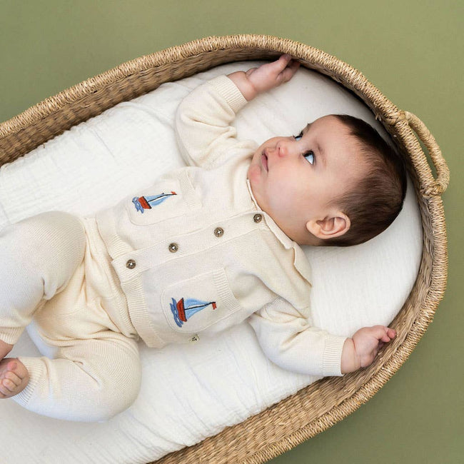 Sailboat Embroidered Pocket Baby Shirt & Pants Set, Viverano Organics nautical baby boy organic cotton button-front shirt with sailboat embroidered pockets and matching pants