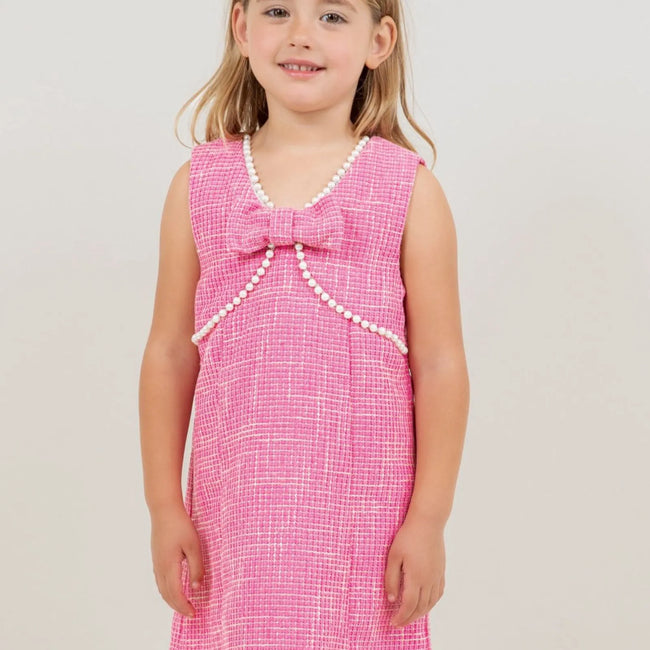 Pearl Detailed Front Bow Tweed Dress: Pink front of it 