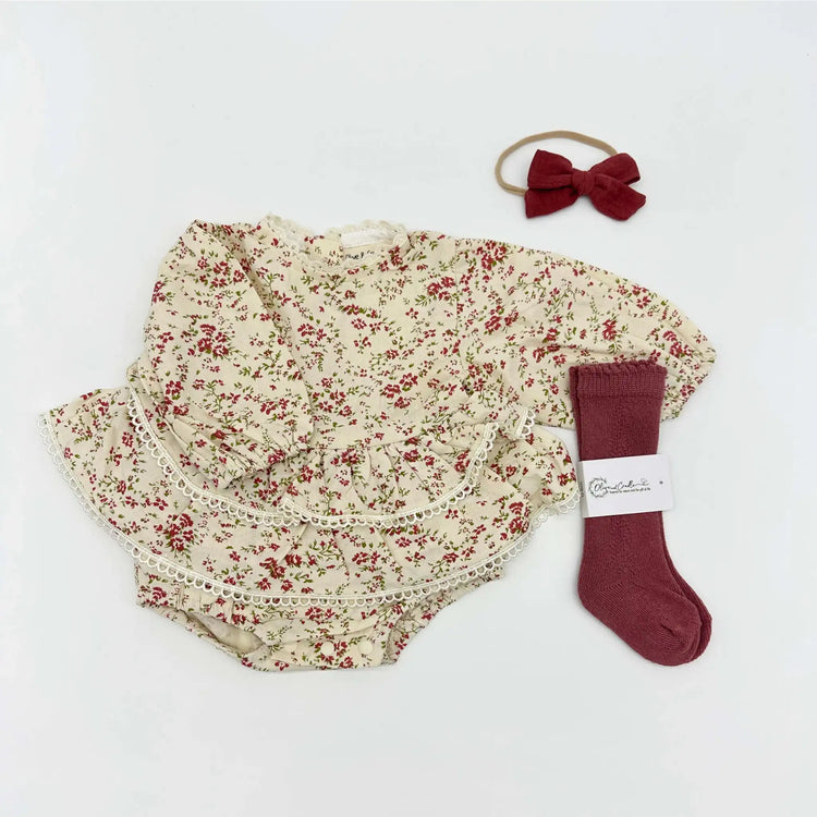 Floral Baby Romper with Bow & Socks - Olive Sprout Kids