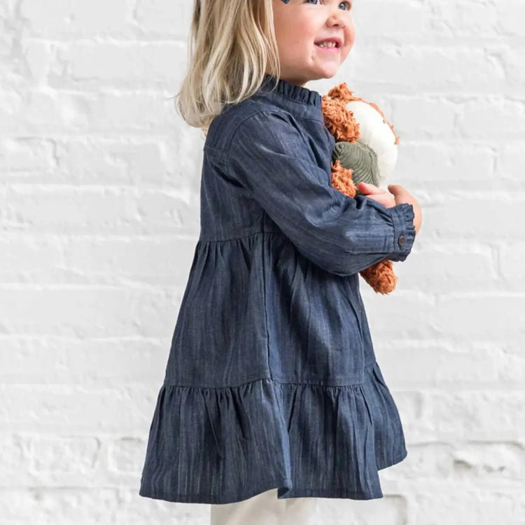 Chambray Ruffle Shirt Dress+ Matching Bow - Organic Cotton - Olive Sprout Kids