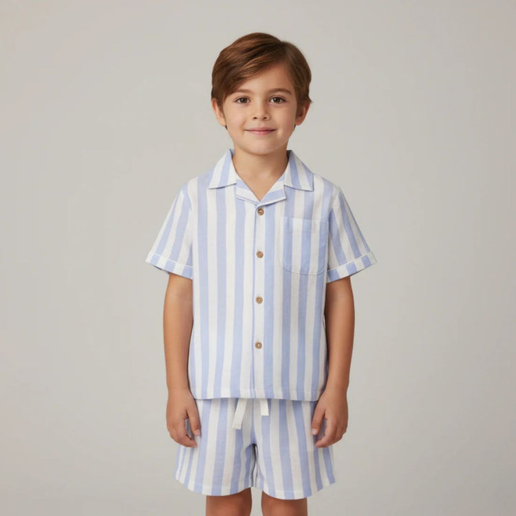 Organic Cotton Linen Shirt & Shorts Set - Blue Stripes, matching shorts with elastic waistband in blue stripe organic cotton linen blend