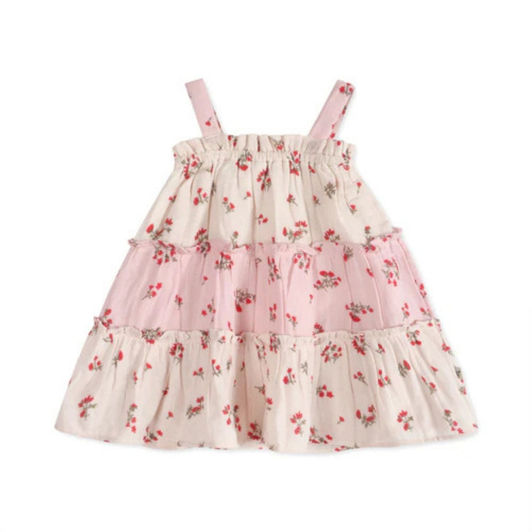 Bijou Tiered Floral Baby Dress & Bloomer Set (Organic Cotton) - close-up of floral print and tiered organic cotton fabric detail, Viverano Organics