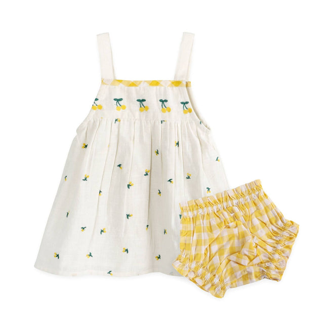 Lulu Embroidered Baby Dress & Bloomer Set (Organic Cotton) - front view showing floral embroidery and snap closures, Viverano Organics