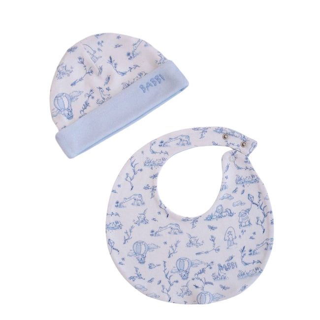 Toile de Jouy Bib & Hat Set in Blue - newborn bib and hat set in blue Toile de Jouy print by Atelier Babbi, 100% cotto