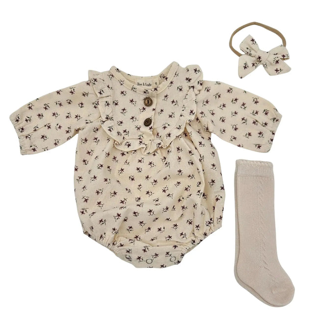 Baby girl floral romper set with ruffle details, bow headband and socks, lightweight breathable