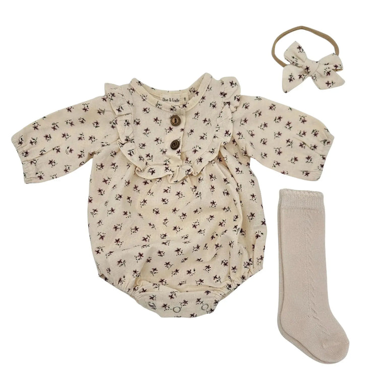 Baby girl floral romper set with ruffle details, bow headband and socks, lightweight breathable