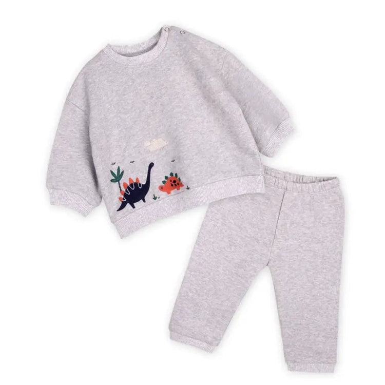 Dino Baby Sweatshirt & Jogger Set in heather grey, long sleeve sweatshirt with embroidered dino and matching pull-on joggers in organic cotton french terry