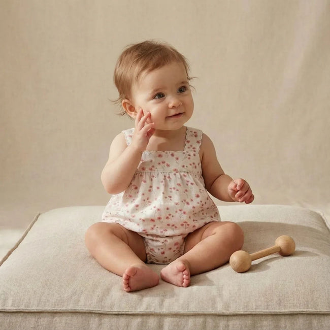 Organic Cotton Scalloped Top & Bloomer Set - Pink Bloom, front view of sleeveless top with scalloped neckline and pink bloom floral print