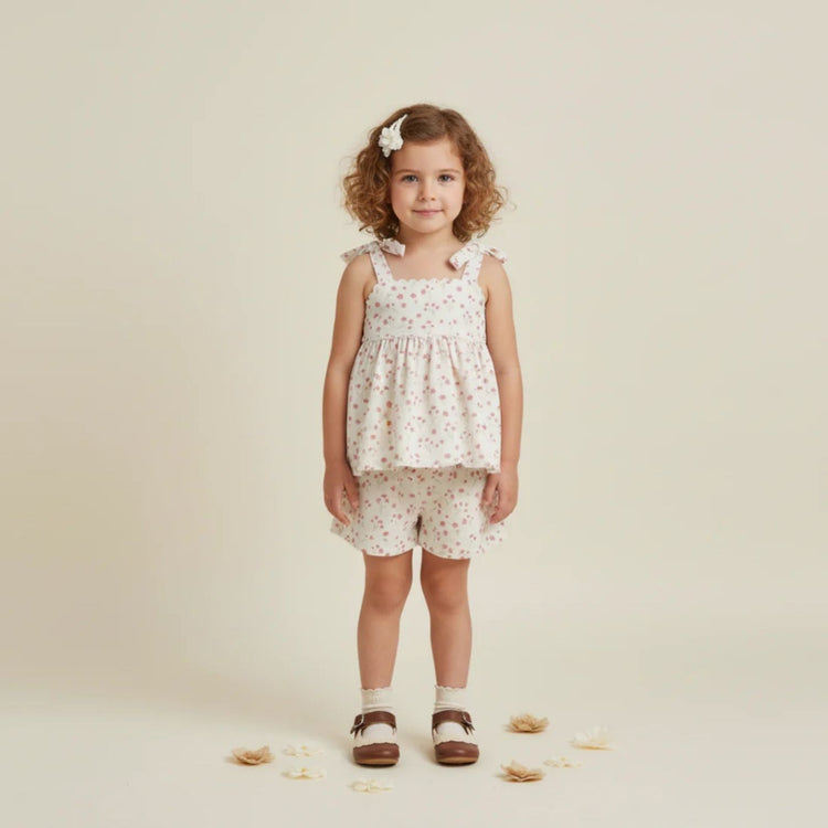 Organic Cotton Tie-Up Top & Shorts Set - Pink Bloom, matching shorts with elastic waistband in pink bloom organic cotton linen blend