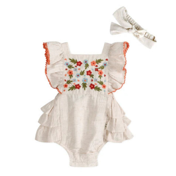 Anya Embroidered Baby Romper & Headband Set (Linen) - front view showing floral embroidery and sleeveless design, Viverano Organics