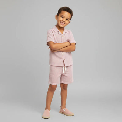 Organic Cotton Linen Shirt & Shorts Set - Coral Stripes, matching shorts with elastic waistband in coral stripe organic cotton linen blend