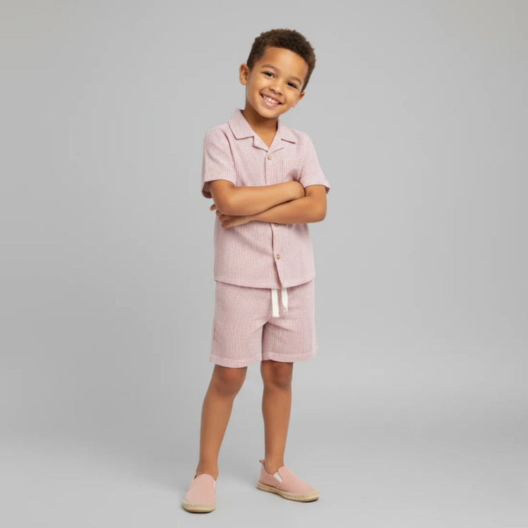 Organic Cotton Linen Shirt & Shorts Set - Coral Stripes, matching shorts with elastic waistband in coral stripe organic cotton linen blend