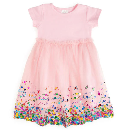Pink confetti tutu dress for baby girl with short sleeves and layered tulle skirt