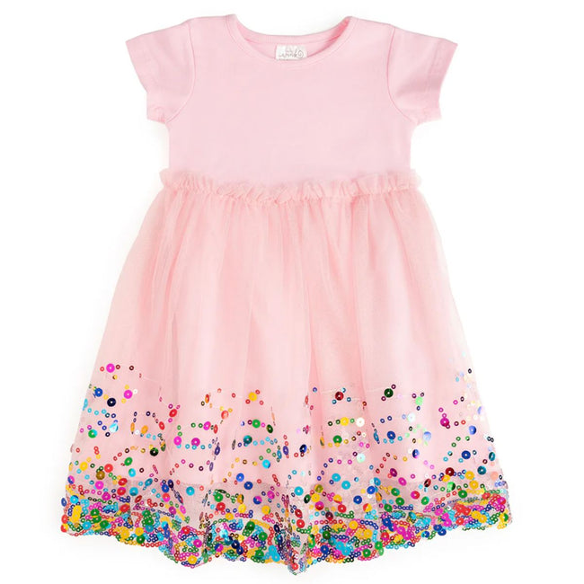 Pink confetti tutu dress for baby girl with short sleeves and layered tulle skirt