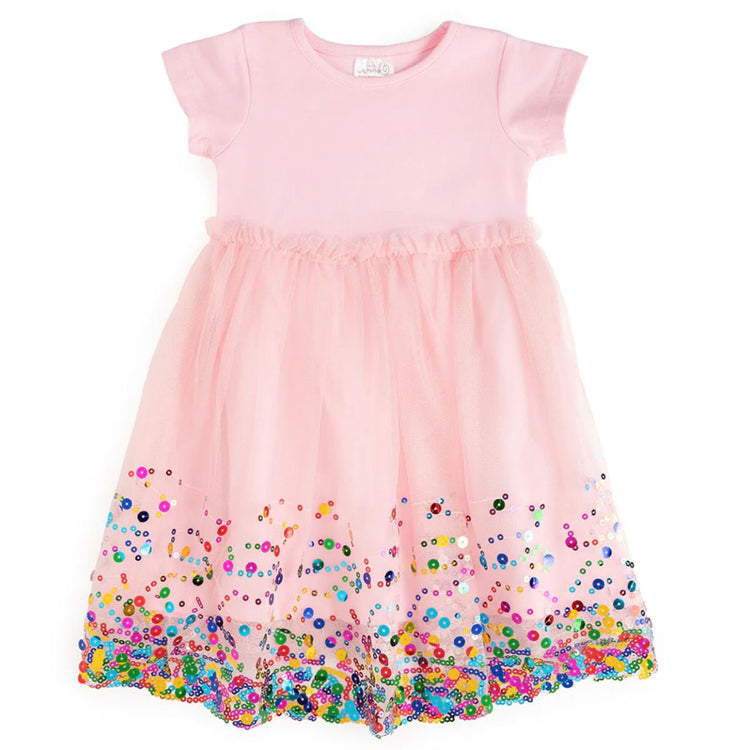 Pink confetti tutu dress for baby girl with short sleeves and layered tulle skirt