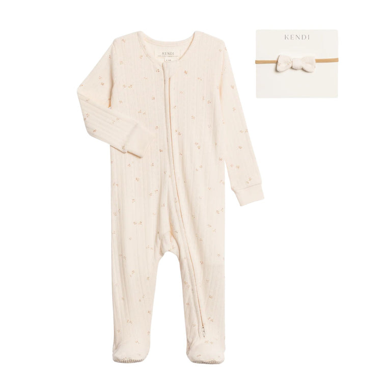 Pointelle Footed Zipper Sleeper & Headband Set (Organic Cotton) soft baby girl sleeper with breathable pointelle fabric