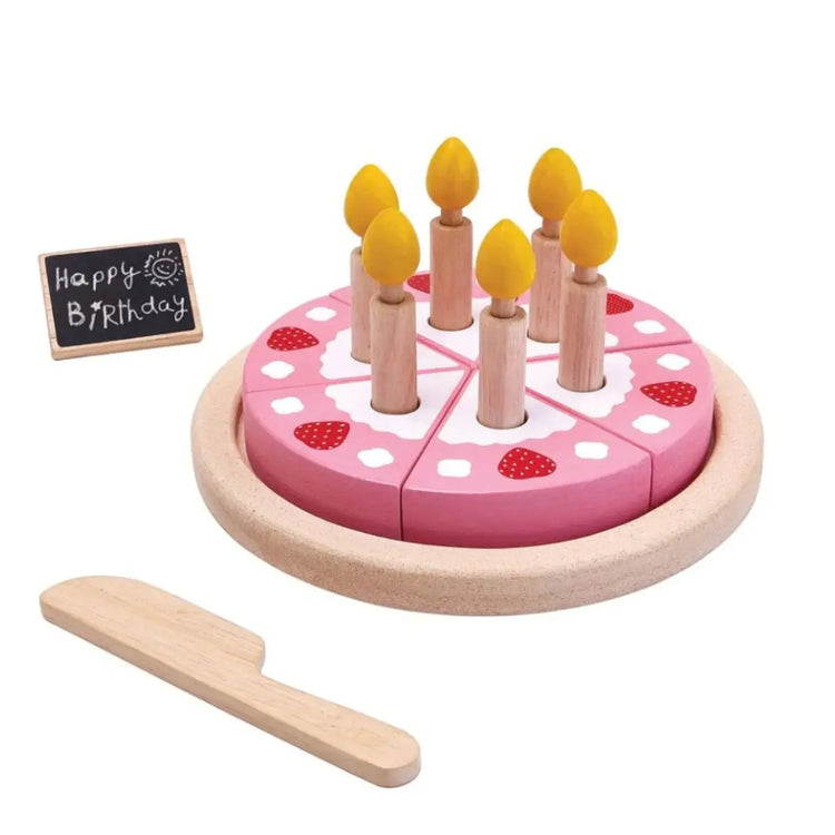 PlanToys Birthday Cake Set, wooden play cake with six slices, candles, knife, and chocolate bar nameplate on a white background