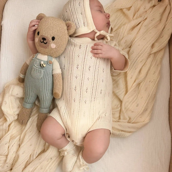 Bring Me Home Summer Pointelle Bundle - Cream 4-piece organic cotton newborn set with romper, bonnet, booties and blanket
