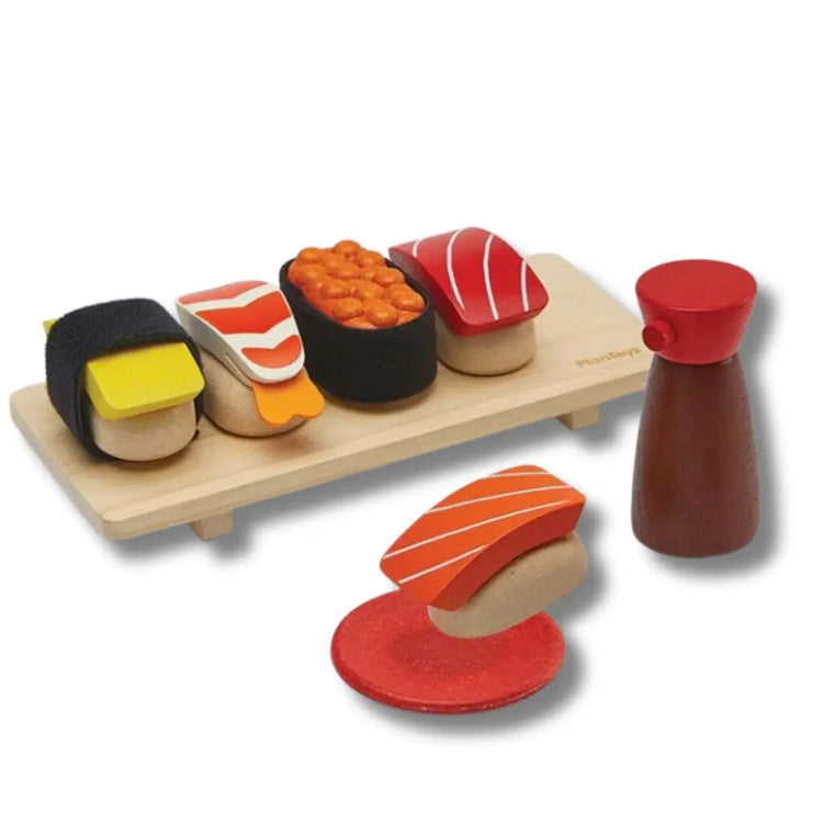 PlanToys Sushi Set, wooden play set with salmon, tuna, tamago, shrimp, roe, tray, and shoyu bottle on a white background