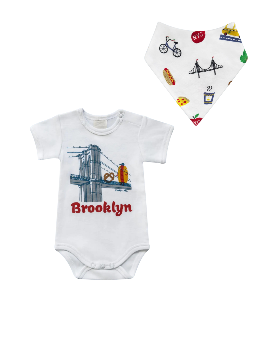 Organic Brooklyn Buddies Set  New York City food-themed onesie and apple print bib