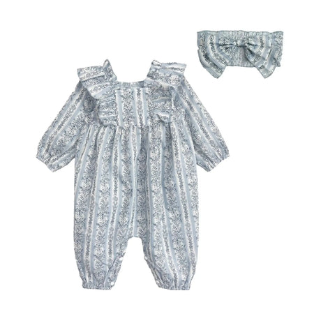 Georgina Striped Ruffle Romper & Headband Set baby girl outfit with soft pastel stripes and ruffle details