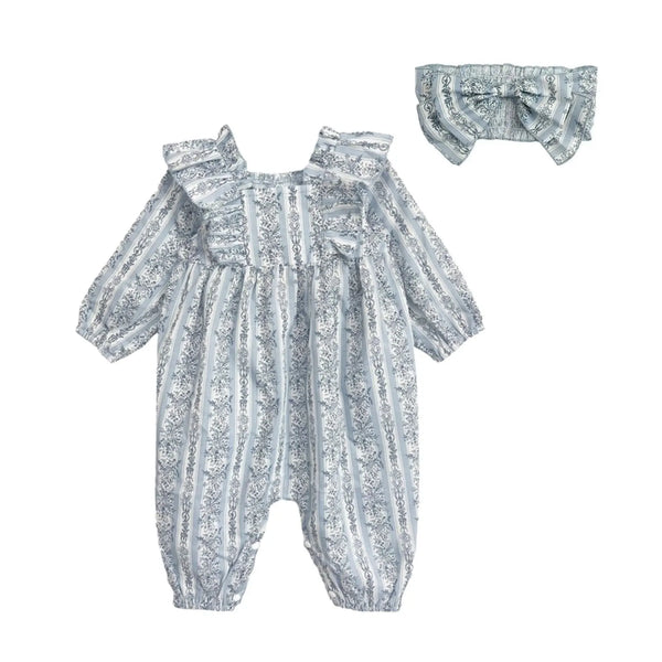 Georgina Striped Ruffle Romper & Headband Set baby girl outfit with soft pastel stripes and ruffle details