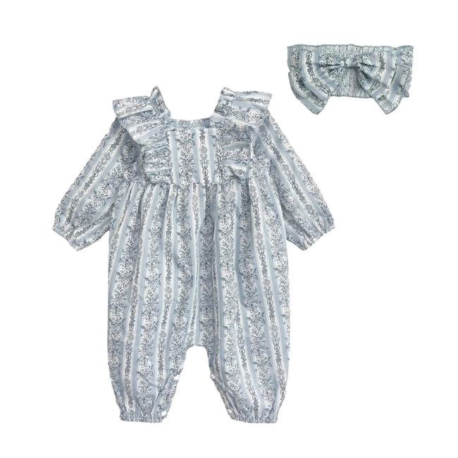 Georgina Striped Ruffle Romper & Headband Set baby girl outfit with soft pastel stripes and ruffle details