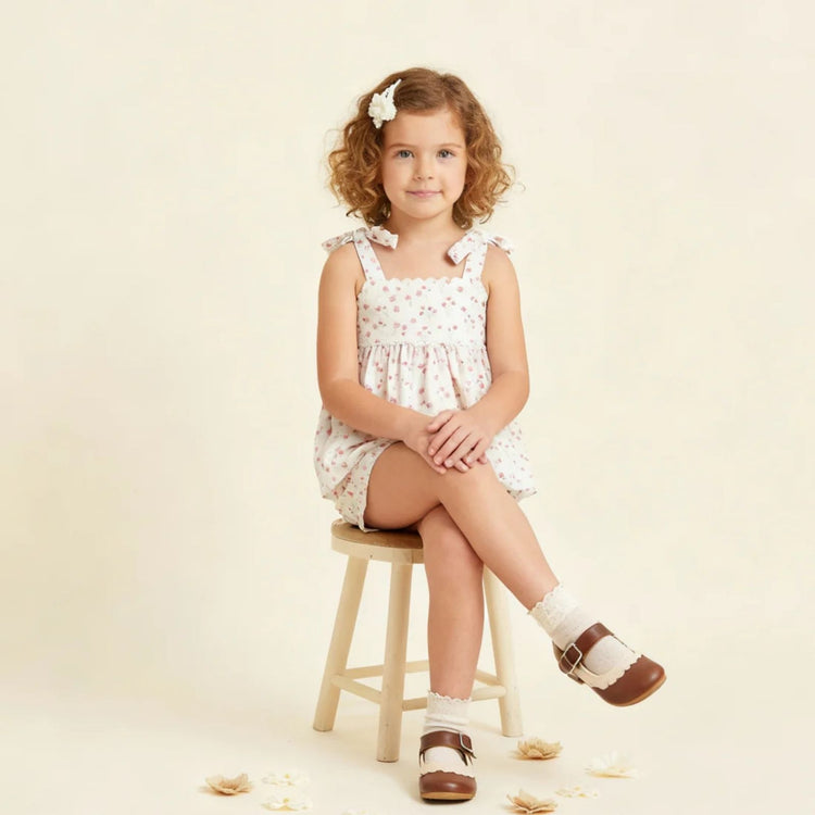 Organic Cotton Tie-Up Top & Shorts Set - Pink Bloom, full outfit flat lay showing tie-up top and shorts together on white background