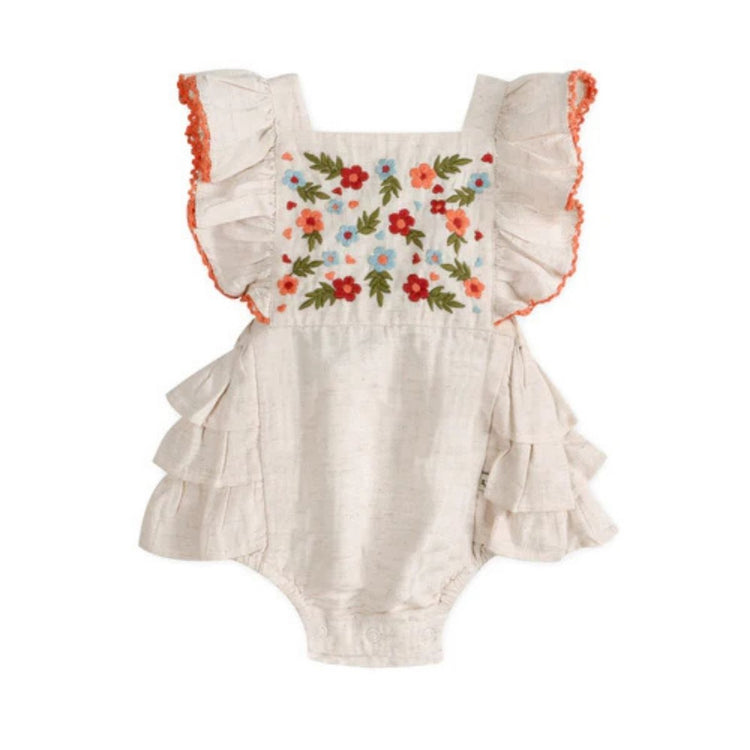 

Anya Embroidered Baby Romper & Headband Set (Linen) - worn by baby girl showing romper fit and matching headband, Viverano Organics