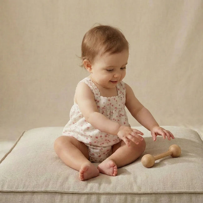 Organic Cotton Scalloped Top & Bloomer Set - Pink Bloom, matching bloomers with pink bloom floral organic cotton linen blend detail