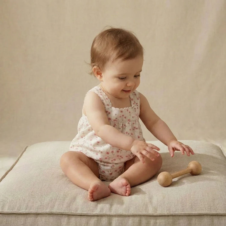 Organic Cotton Scalloped Top & Bloomer Set - Pink Bloom, matching bloomers with pink bloom floral organic cotton linen blend detail