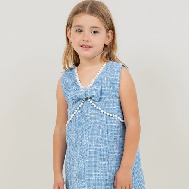 Pearl Detailed Front Bow Tweed Dress: Blue girl toddler fancy
