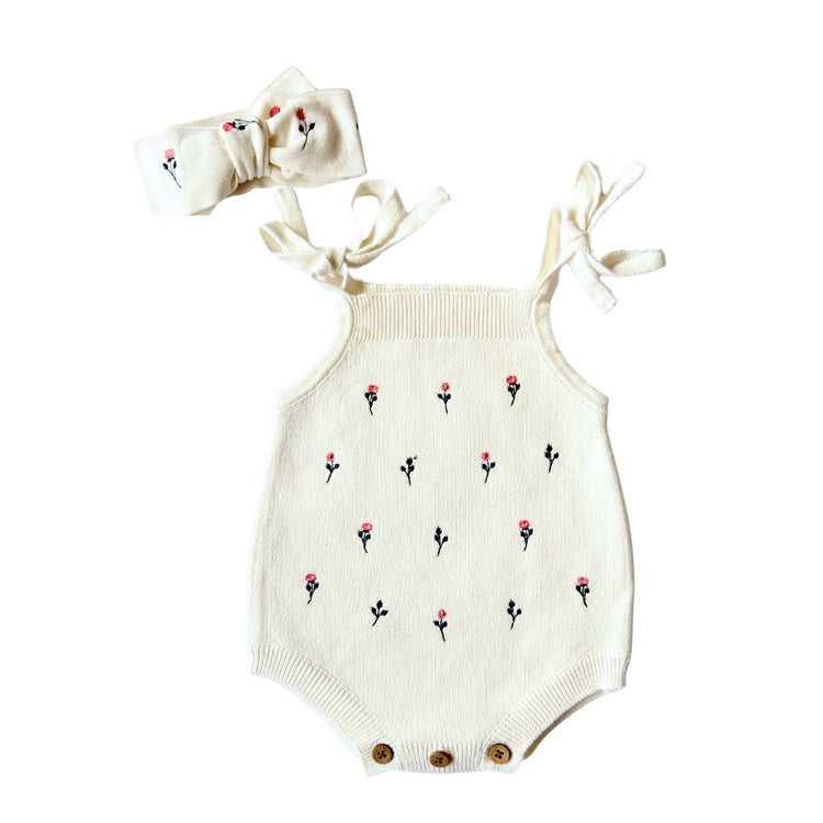 Floral Embroidery Romper and Bow - White 100% organic cotton baby romper with matching bow,