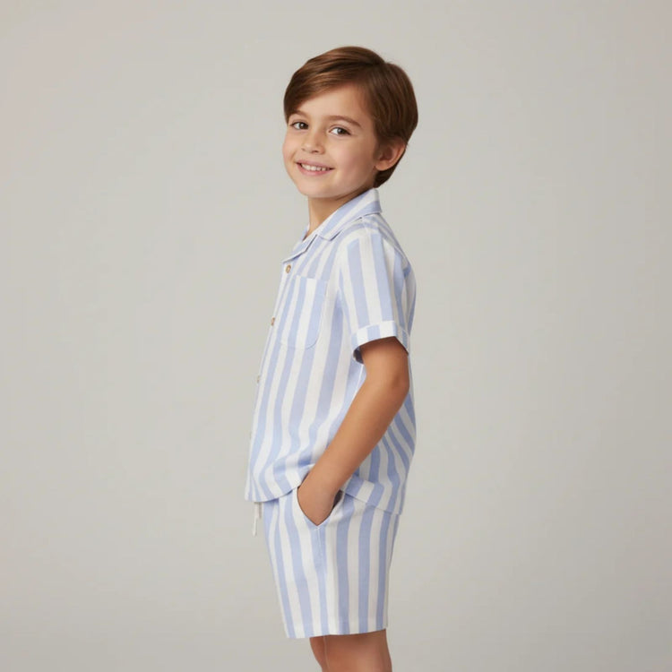 Organic Cotton Linen Shirt & Shorts Set - Blue Stripes, full outfit flat lay showing shirt and shorts together on white background