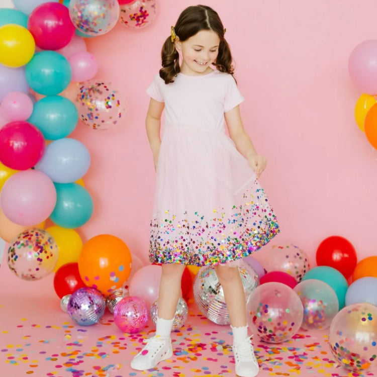 
                    
                      Elegant pink confetti dress for baby girl with short sleeves and tulle tutu
                    
                  