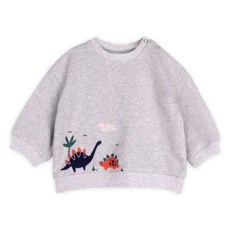 
                    
                      Dino Baby Sweatshirt & Jogger Set in heather grey, long sleeve sweatshirt with embroidered dino and matching pull-on joggers in organic cotton french terry
                    
                  