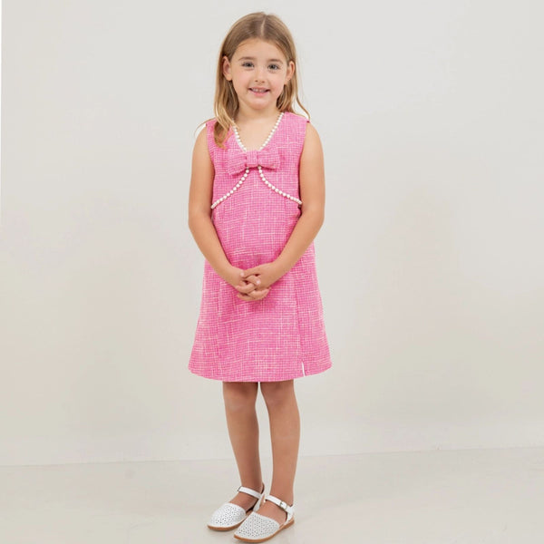 Pearl Detailed Front Bow Tweed Dress: Pink for toddler girls  