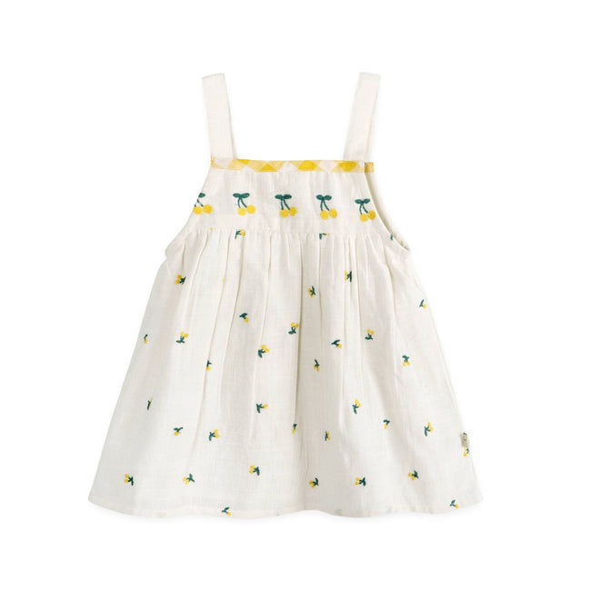Lulu Embroidered Baby Dress & Bloomer Set (Organic Cotton) - worn by baby girl showing full dress length and bloomer, Viverano Organics