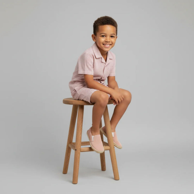 Organic Cotton Linen Shirt & Shorts Set - Coral Stripes, full outfit flat lay showing shirt and shorts together on white background