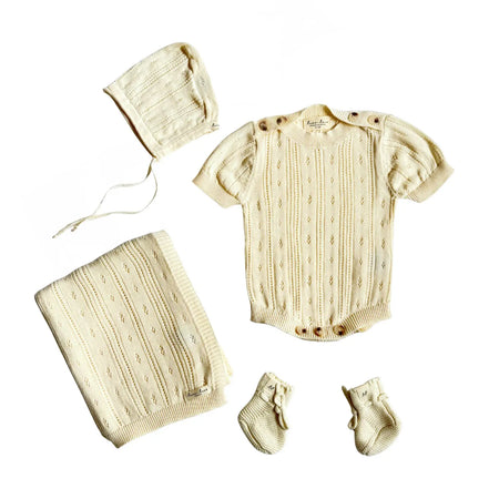 Bring Me Home Summer Pointelle Bundle - Cream 4-piece organic cotton newborn set with romper, bonnet, booties and blanket
