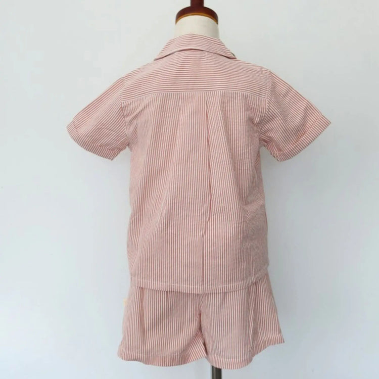 
                    
                      Organic Cotton Linen Shirt & Shorts Set - Coral Stripes, front view of button-up collared shirt with warm coral and white stripe pattern
                    
                  